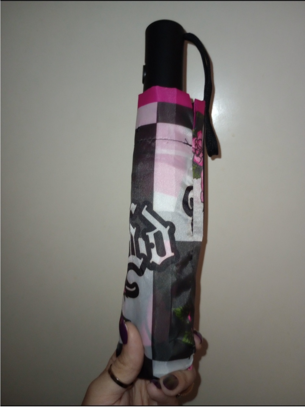 Ed Hardy Pink & Black Folding Umbrella with Patterned Print